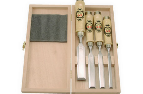 Unpolished set of four chisels in wood box