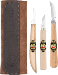 Set of 3 chip carving knives in Two Cherries Leather pouch