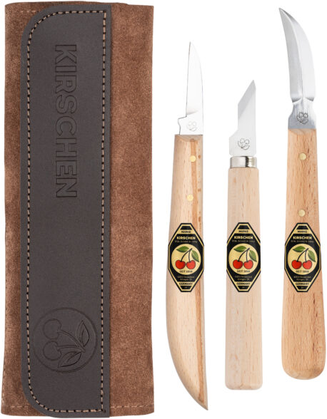 Set of 3 chip carving knives in Two Cherries Leather pouch